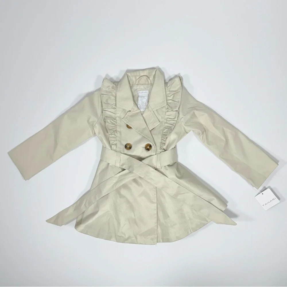 Ruffle‎ Double Breasted Tahari Tan Polyester Trench Coat Jacket 24M
